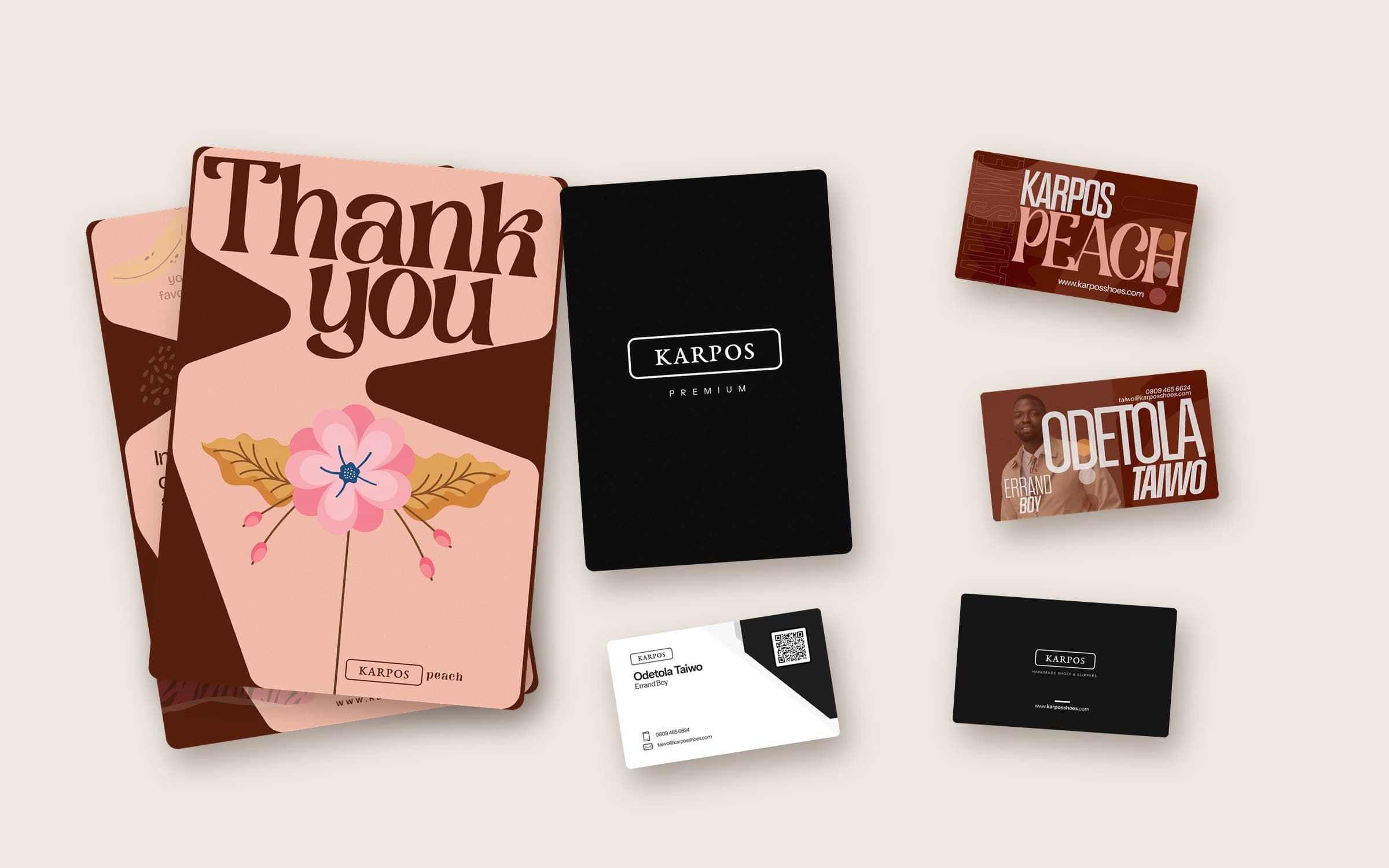 The Karpos print family: thank-you card, Premium card and business cards