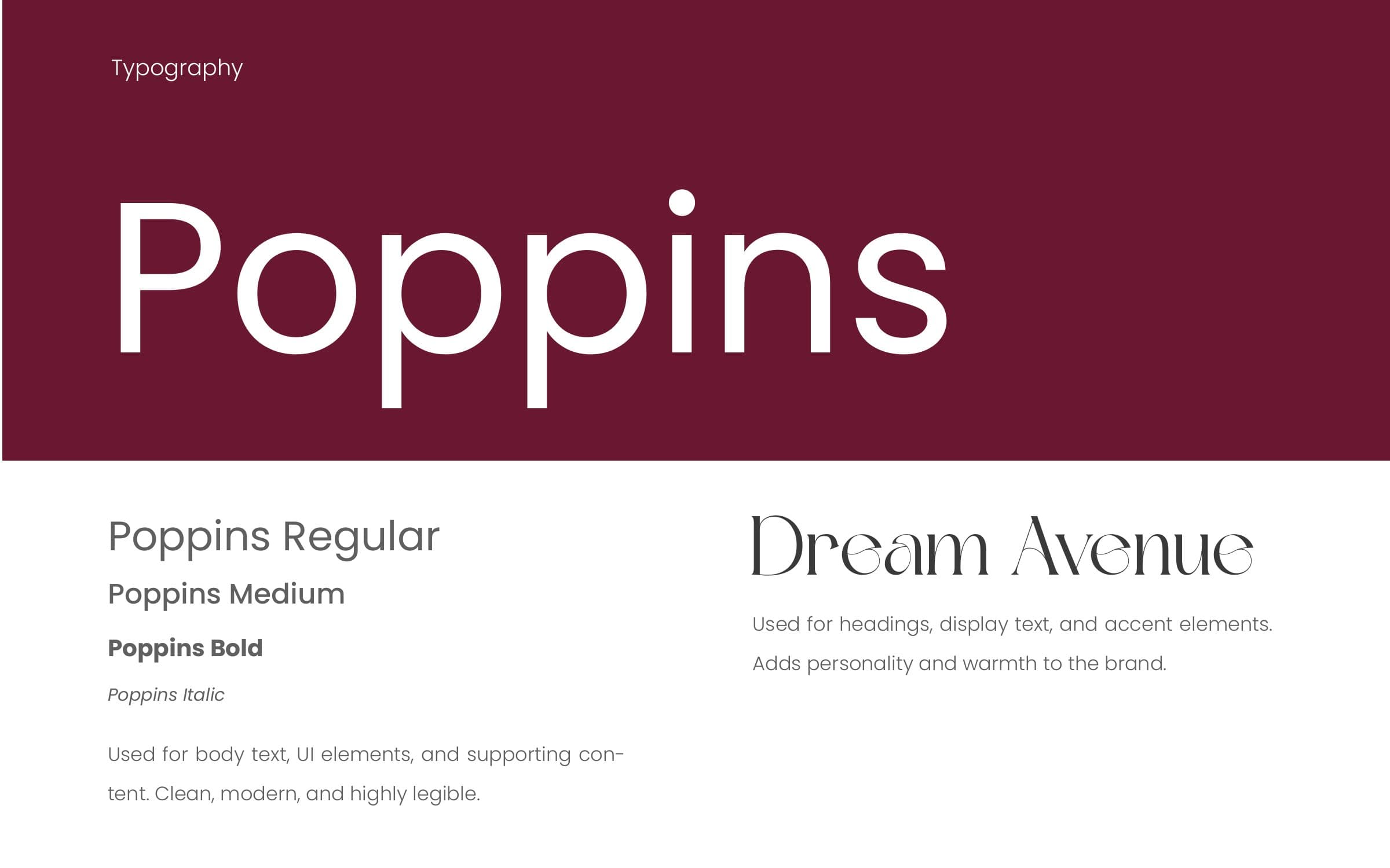 Typography: Poppins and Dream Avenue
